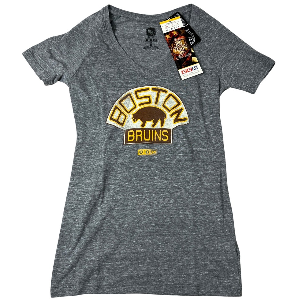 CCM Boston Bruins NHL Womens Heather Gray V-Neck Graphic T-Shirt Small NEW